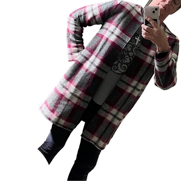Max Studio Gray Fuchsia White Wool Blend Plaid Blanket Coat with Pockets L - Picture 12 of 12